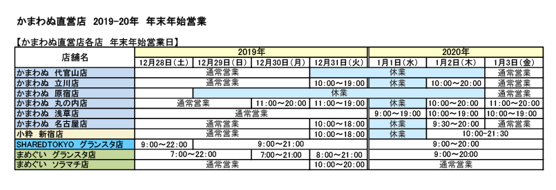 直営店 年末年始営業日のご案内 19 てぬぐいのかまわぬ 公式サイト