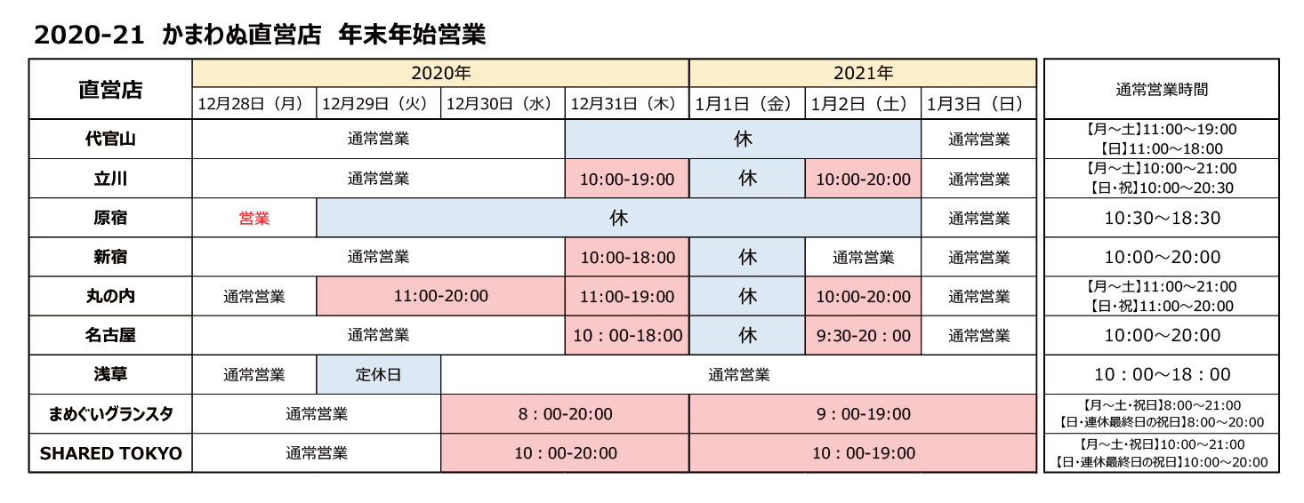 直営店 年末年始営業日のお知らせ てぬぐいのかまわぬ 公式サイト