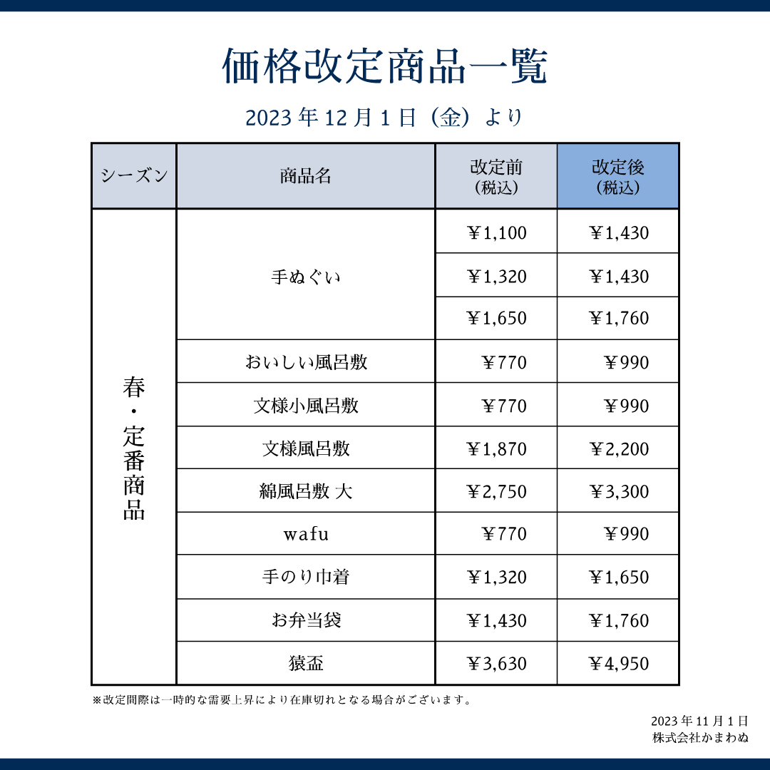 ニュースリリース】春商品 価格改定のお知らせ：てぬぐいのかまわぬ 公式サイト